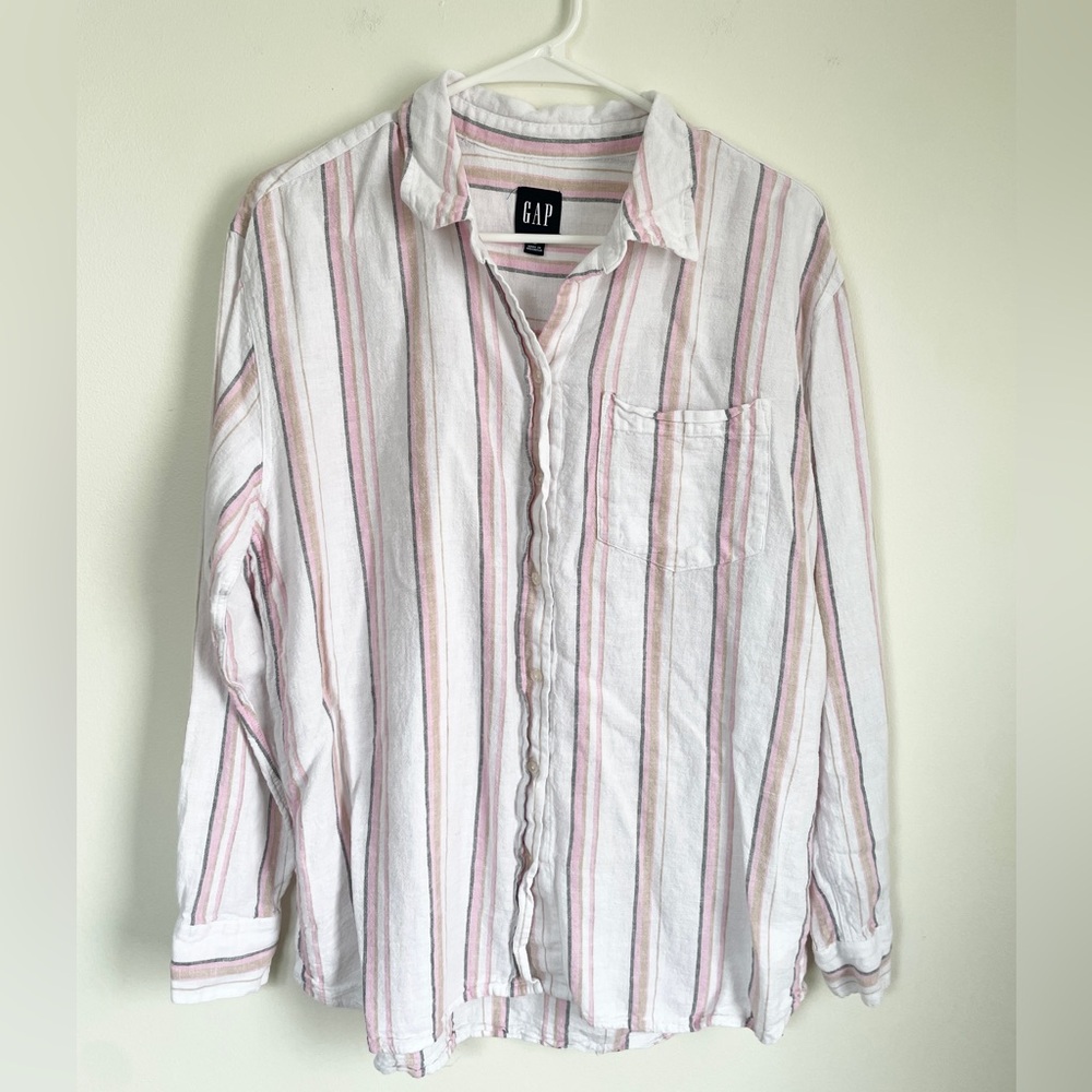 GAP Women’s Casual White and Pink Striped Shirt